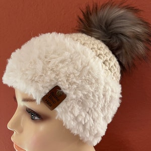 Handmade crochet white hat - The Snow Angel Hat - wide soft fake fur brim hat, snap or sewn in fake fur pom pom, customizable, cruelty free