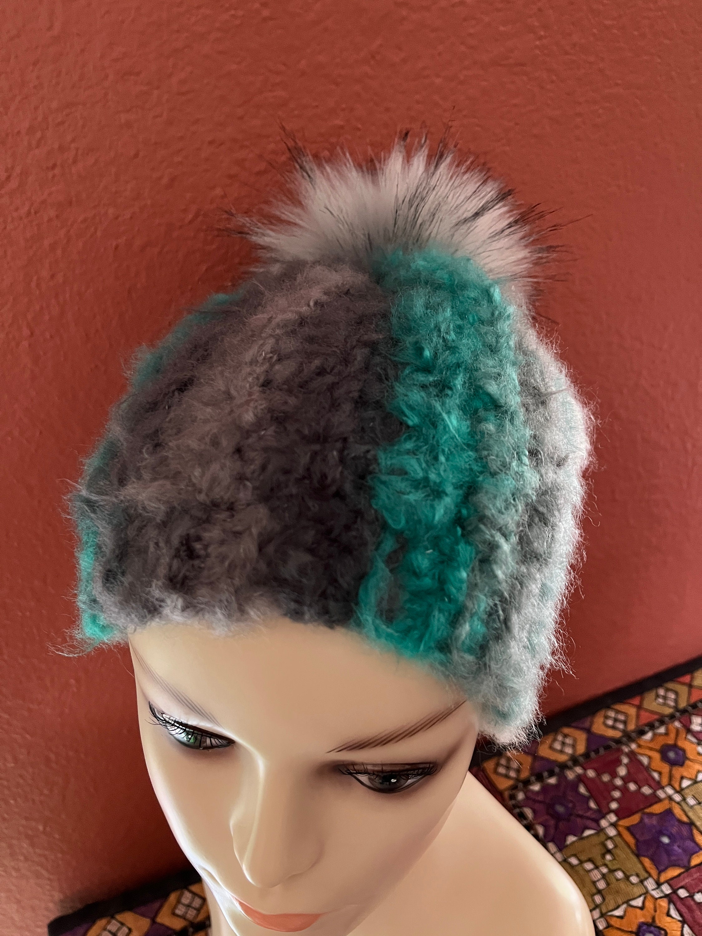 Handknit teal and pink one of a kind crochet hat Handmade Crochet Teal or Pink Hats - the Cotton Candy  main image 3
