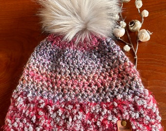 Handmade crochet pink winter beanie - The Pink Lady Hat - acrylic/polyester, snap or sewn in pom pom, customizable cruelty free yarn