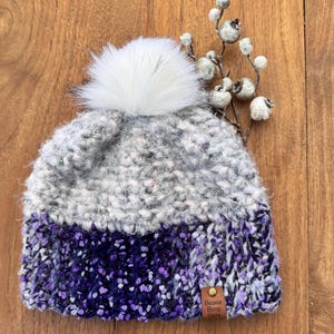 Handmade crochet purple winter hat - The Adele Hat - soft fuzzy removeable or sewn in pom pom, unique and customizable hat cruelty free yarn