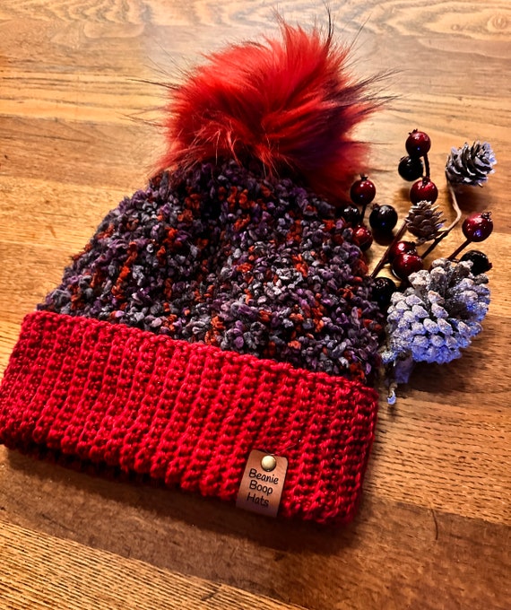 Red Crocheted Cap Leather Brim with Ear Details Handmade Red Gray Crochet Hat - the Revelry Hat - Double  main image 2