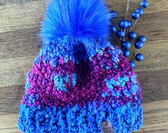 Handmade fun blue/fuschia crochet hat - The Berry Hat - Wool blend chunky yarn, pom pom choice, cruelty free, customizable, unique