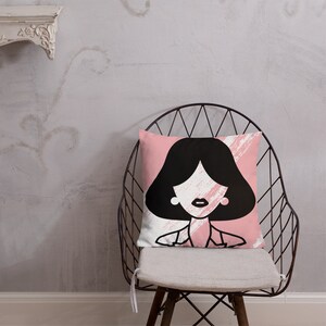 Elegant Woman Line Art Face Portrait Pillow | Pink & White All Over Print with Outline of a Chic Lady | Premium Quality Line Art Pillow