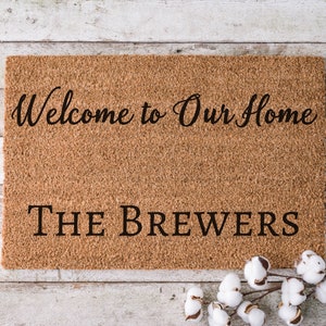 Welcome To Our Home Doormat Personalized with Family Name | Newlywed Doormat | Housewarming Gift | Wedding Shower Gift | Closing Gift |