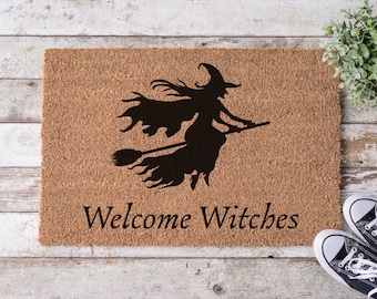 Welcome Witches Halloween Doormat | Spooky Doormat | Witch on Broom Door Mat | Flying Witch Doormat