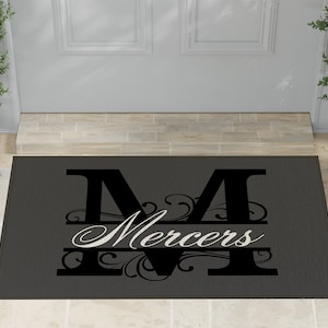 Dark Grey/Gray Indoor Outdoor Monogram Door Mat | Custom Doormat | Personalized with Family Last Name in White Font