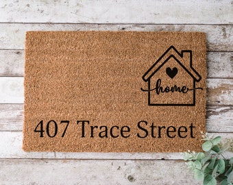 Home Address Doormat | Cute Home with Heart Door Mat | Newlywed Doormat | Housewarming Gift | Wedding Shower Gift | Closing Gift Door Mat