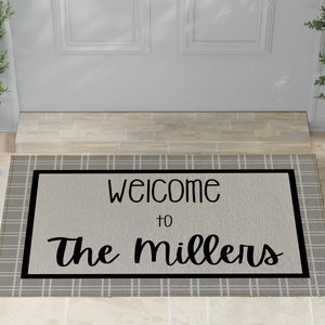 Welcome Mat | Grey/Gray White Plaid Background | Indoor Outdoor Custom Door Mat | Housewarming Gift| Personalized with Family Last Name