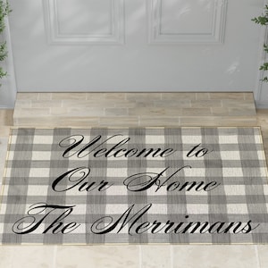 Grey/Gray and White Plaid Indoor Outdoor Custom Door Mat | Welcome to Our Home| Housewarming Gift| Personalized with Family Last Name