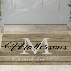 Monogram Door Mat | Rustic Vintage Wood Pattern | Indoor Outdoor Doormat | Personalized with Initial | Family Last Name | Established Date