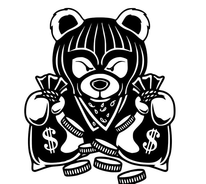 Pu&ograve; includere: Un'illustrazione in bianco e nero di un orso che indossa un bandana e una maschera, tenendo due sacchi di soldi. L'orso &egrave; circondato da monete.