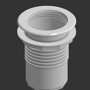 May include: A white plastic plumbing fitting with a threaded interior and exterior. The fitting has a circular top with a wide flange, a hexagonal midsection, and a cylindrical base. The object is designed for connecting pipes.