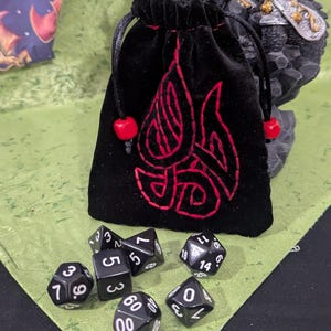 Embroidered Velvet Dice Bag with Dice Set for Dungeons and Dragons - Pathfinder - Flame Dice Bag - Flame