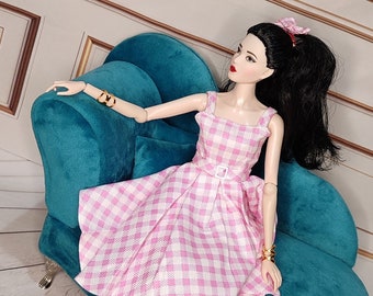 Rosa Gingham Kleid, passt handgemachte Poppy Parker Party Kleid 1/6 12 '' Puppe Sommer Mode Kleidung Kleid Bogen UK Verkäufer