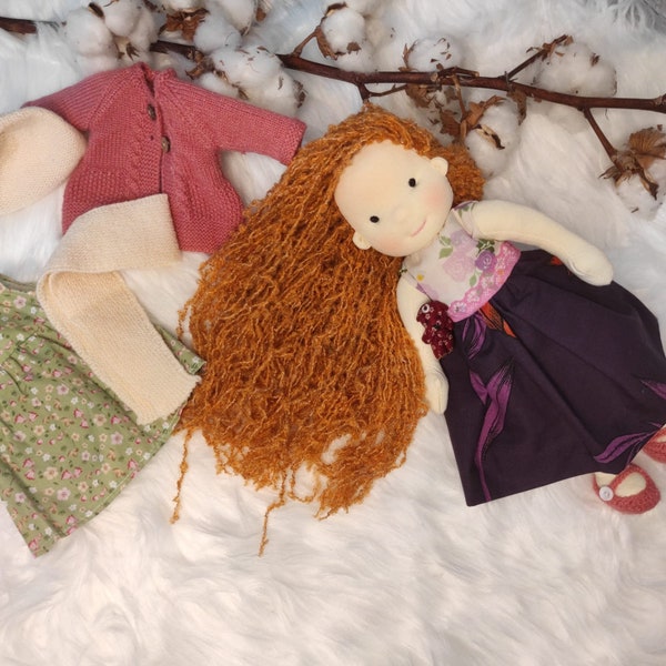12” Waldorf Steiner inspired cloth handmade doll with Set of Clothes, Mohair Handmade Doll, Montessori Inspired Waldorfpuppe, Natural doll