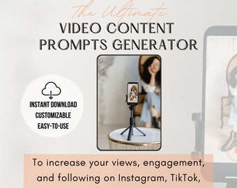 Peut inclure: Graphique numérique avec le texte "The Ultimate Video Content Prompts Generator". Il comprend un smartphone sur un trépied, une icône de nuage et les mots "Instant Download, Customizable, Easy-to-Use". Le texte encourage l'augmentation des vues sur Instagram, TikTok et YouTube.