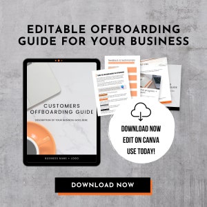 Op de afbeelding: Een bewerkbare offboarding-gids voor bedrijven, weergegeven op een tablet met een kopje koffie en documenten. De gids bevat de tekst "Customers Offboarding Guide" en vraagt om te downloaden, te bewerken op Canva en vandaag nog te gebruiken.