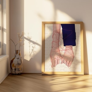 Könnte beinhalten: Eine gerahmte Illustration von zwei Händen, die mit roter Schnur zusammengebunden sind. Der Hintergrund ist ein weißes Muster mit dem Wort "naiv" wiederholt.