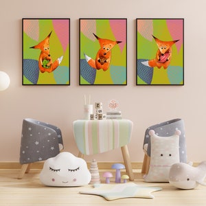Fox nursery decor Set of 3 prints Printable wall art Animal family print Fox baby shower gift Fox painting Digital downloads Kids room decor