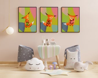 Fox nursery decor Set of 3 prints Printable wall art Animal family print Fox baby shower gift Fox painting Digital downloads Kids room decor