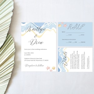 Beach Wedding Invitation Set, Tropical Destination Wedding Invite, Coastal RSVP and Details, Editable Canva Template