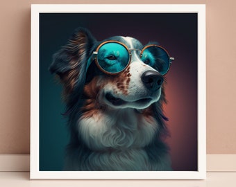 Puede incluir: Un retrato de un perro con gafas de sol azules y marrones. El perro tiene pelo marrón y blanco y mira directamente a la cámara.