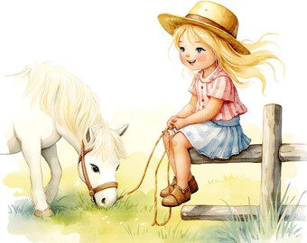 5 JPG Farm Girl Horse Clipart, High Quality, Girl Horse, Cute Farm, Cowgirl, Junk Journal, Paper Craft, Watercolor, Printable