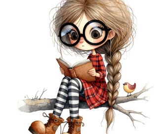 10 JPG Reading Girl Clip Art for Junk Journal, Scrapbooking, Printable Crafts, Quirky Girl, Whimsical, Watercolor