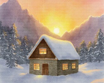 10 JPG Christmas Cabin Clip Art for Junk Journal, Scrapbooking, Printable Crafts, Rustic Watercolor, Magic, Cozy, Christmas Card