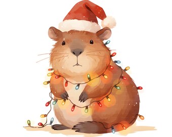6 JPG Christmas Capybara Clip Art for Junk Journal, Scrapbooking, Digital Art, Printable Craft, Whimsical, Cute, Watercolor, Cozy
