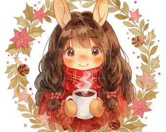 4 JPG Christmas Bunny Girl Clip Art for Junk Journal, Scrapbooking, Printable Craft, Whimsical, Cute, Watercolor, Cocoa Mug, Magic, Cozy