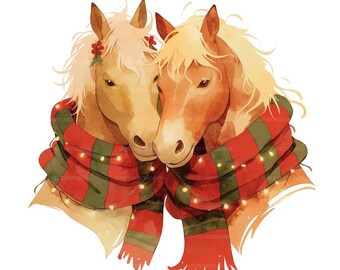 5 JPG Christmas Horses Watercolor Clip Art for Junk Journal, Scrapbooking, Digital Art, Printable Craft, Whimsical, Couple Horses