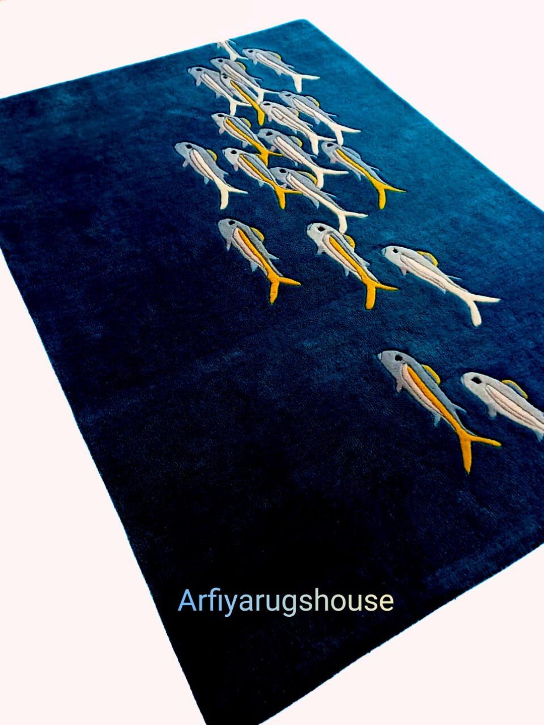 Handmade Navy Blue Fish Carpet, Luxury Ocean Design Rug - Etsy