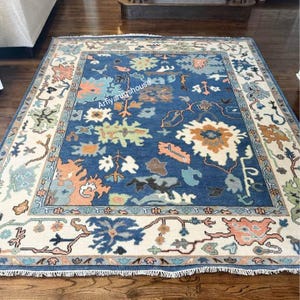 Hand-Knotted Turkish Oushak Rug: Pastel Blue & Beige Wool Area Rug