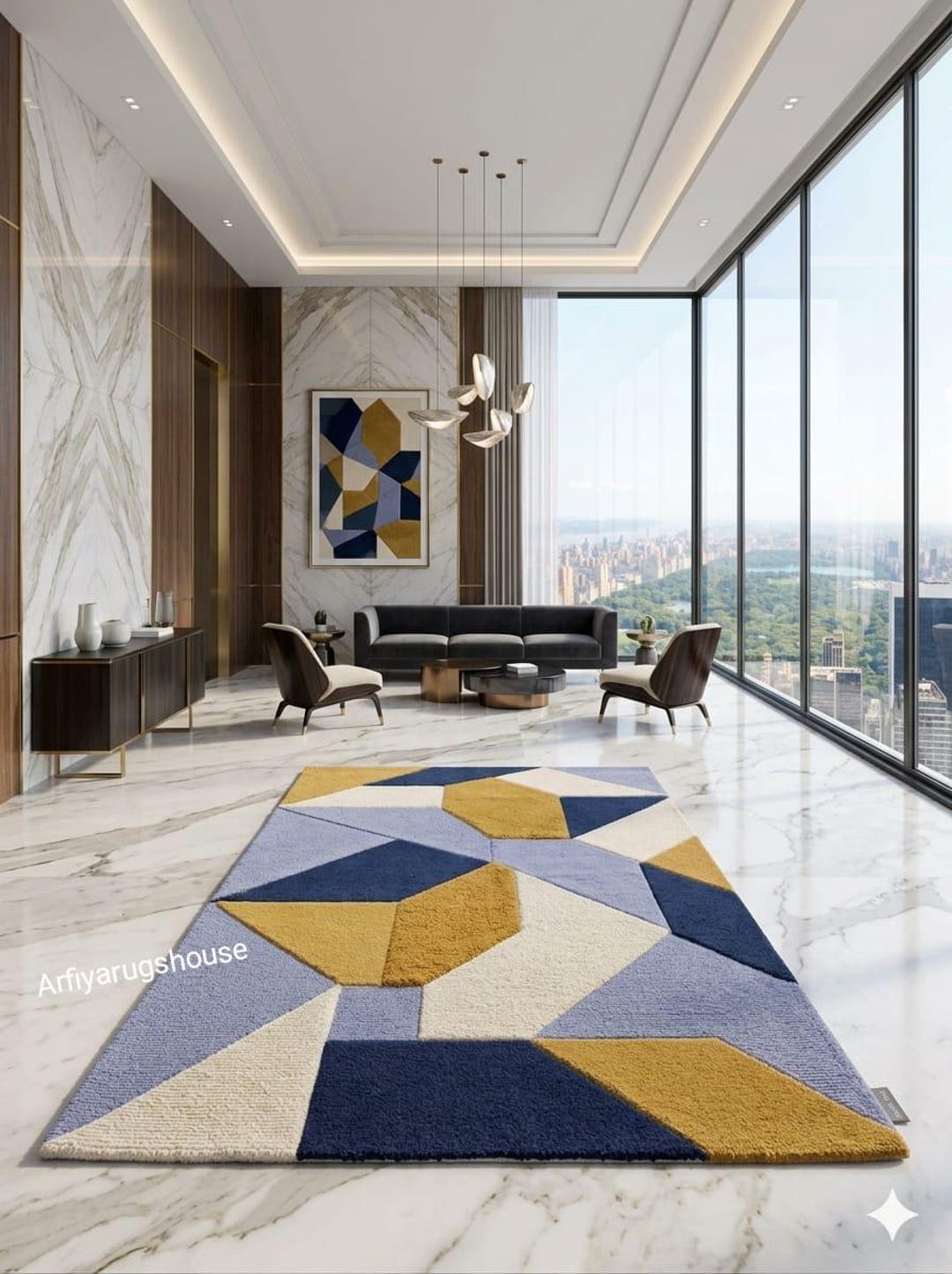 Blue Gold Abstract Pattern Designer Carpet Stylish Home Decor Rug With ...