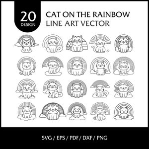Cat on the Rainbow Line Art Vector SVG