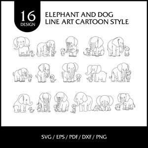 Elephant and Dog Line Art Cartoon Style SVG