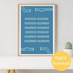 May include: A digital download printable poster with a blue background and white circuit board design. The poster features a series of binary code numbers: 01101110 01110101, 01101101 01100010, 01100101 01110010, 01101111 01101110, 01100101 01100100, 01100001 01100100.