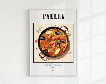 Paella Poster, Food Print, Modern Kitchen Decor, Spanish Food, Chef Print, Bar Art, Retro Wall Art, Spain, Gift