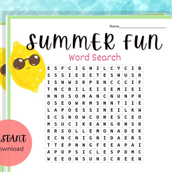 Summer Word Search, Printable Summertime Games, Summer Activities for Kids and Adults, Party Games, Summer Fun Games, Summer Activities