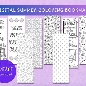 Printable Coloring Bookmark, Set of 8 Printable Bookmarks, Digital Bookmarks, Cute Summer Coloring Bookmarks, Cute Bookmark, Bookmark Print