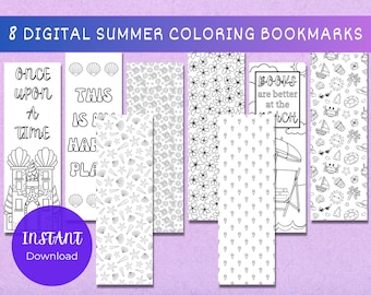 Summer Coloring Bookmark Set, Printable Bookmarks (Digital Download)