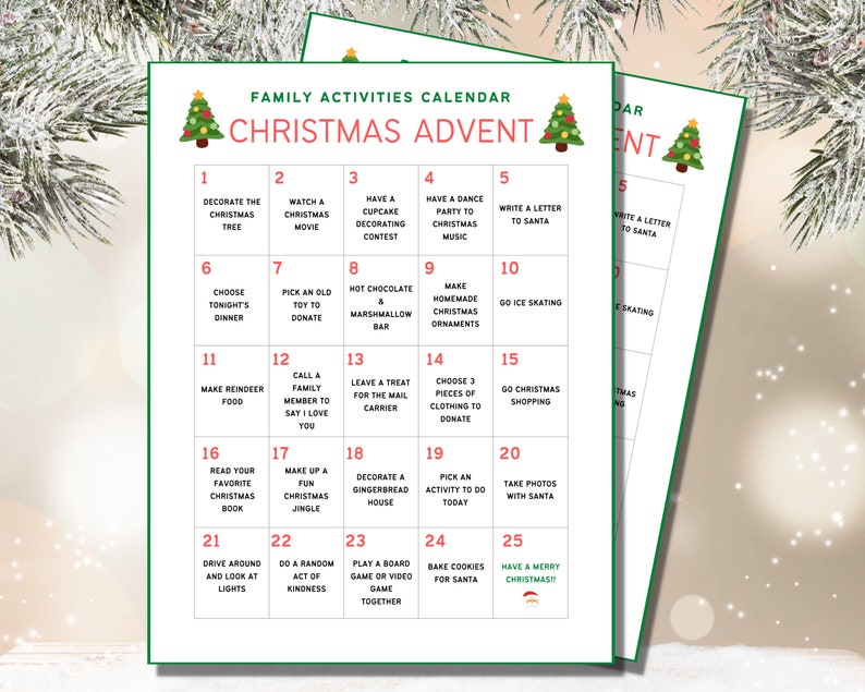 Christmas Printable Advent Calendar, Family Advent Calendar PDF