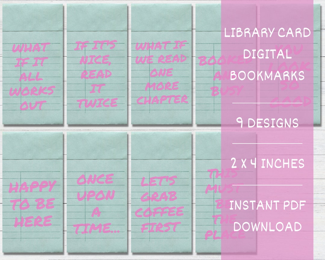 Library Card Digital Bookmarks, Set of 9 Printable Bookmarks, Cute