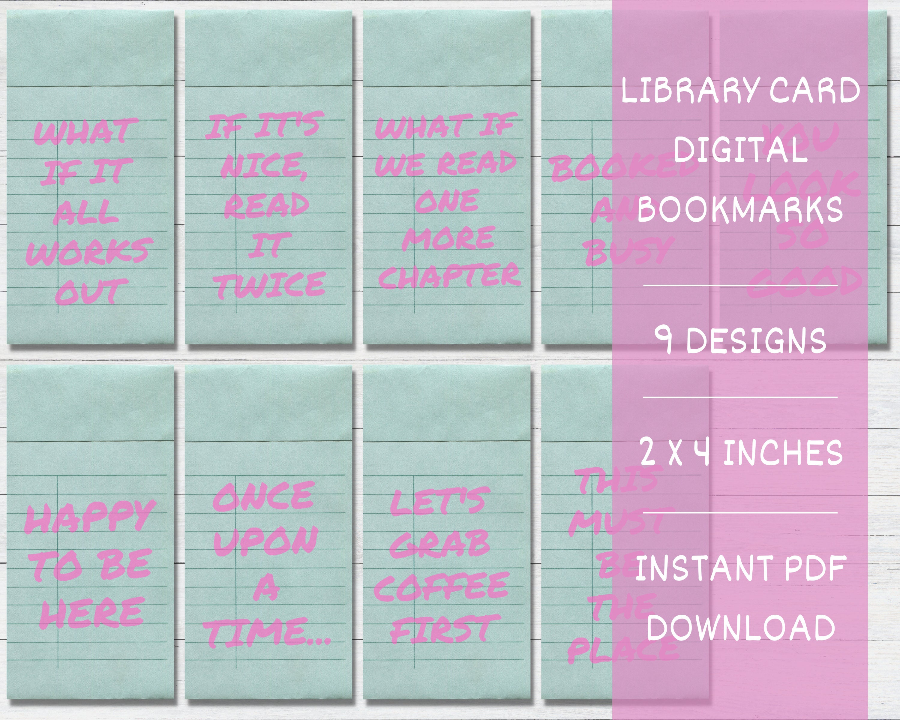 Library Card Digital Bookmarks, Set of 9 Printable Bookmarks, Cute