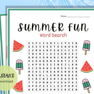 Summer Word Search, Printable Summertime Games, Summer Activities for Kids and Adults, Party Games, Summer Fun Games, Summer Activities