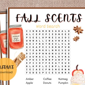 Fall Word Search Game, Fall Scents Word Search, Fall Activity, Fall Party Game, Kids Party Game, Printable Games, Fall Games, Fall Printable
