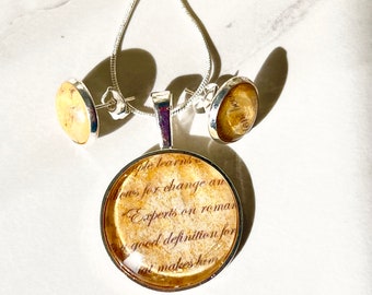 Paper Anniversary Jewelry Set: Silver Plated Pendant & Earrings