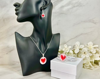 Heart Pendant, Drop Earrings and Bangle Gift Set Handmade