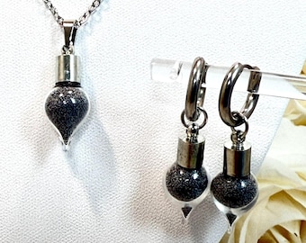 Iron Filings Glass Pendant Necklace and Earrings Set, 6th Anniversary Gift